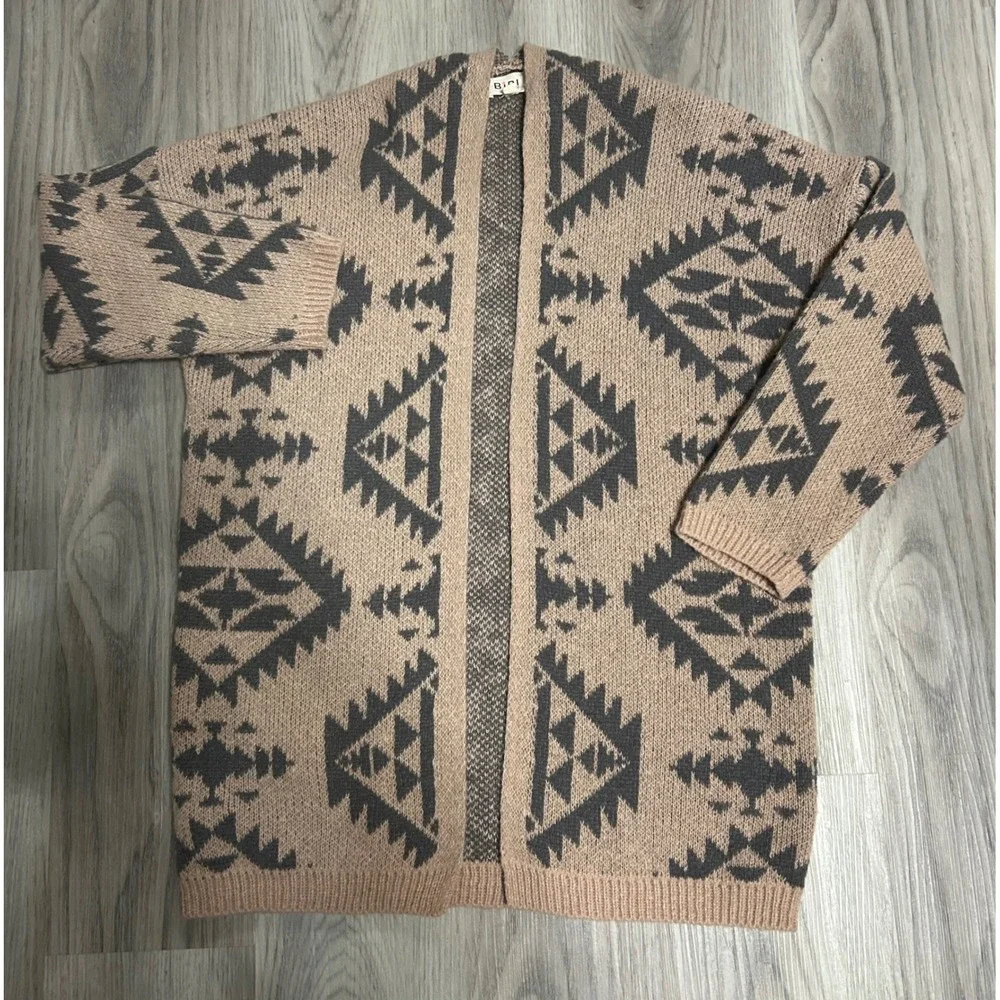 BIBI Women's Geometric Pattern Open‎ Front Cardigan Sweater Tan Gray Size S